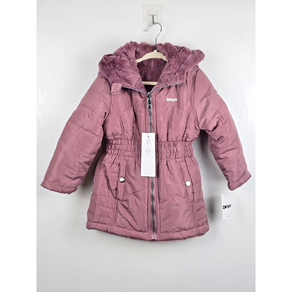 DKNY Girls 3T NWT Pink Faux Fur Lined Puffer Coat